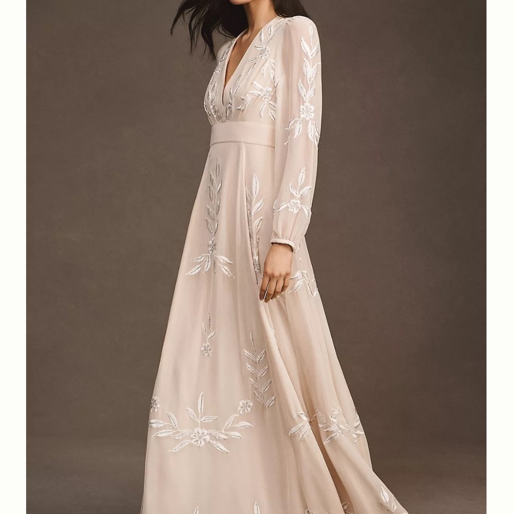 Lovely Anthropologie Belize Champagne Embroidered Long Sleeve Wedding Dress